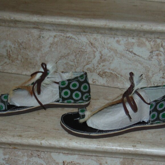 Boho Hippie African Springbok Fur Hide Zulu Imbadada Leather Batik Sandals Women - Picture 9 of 14